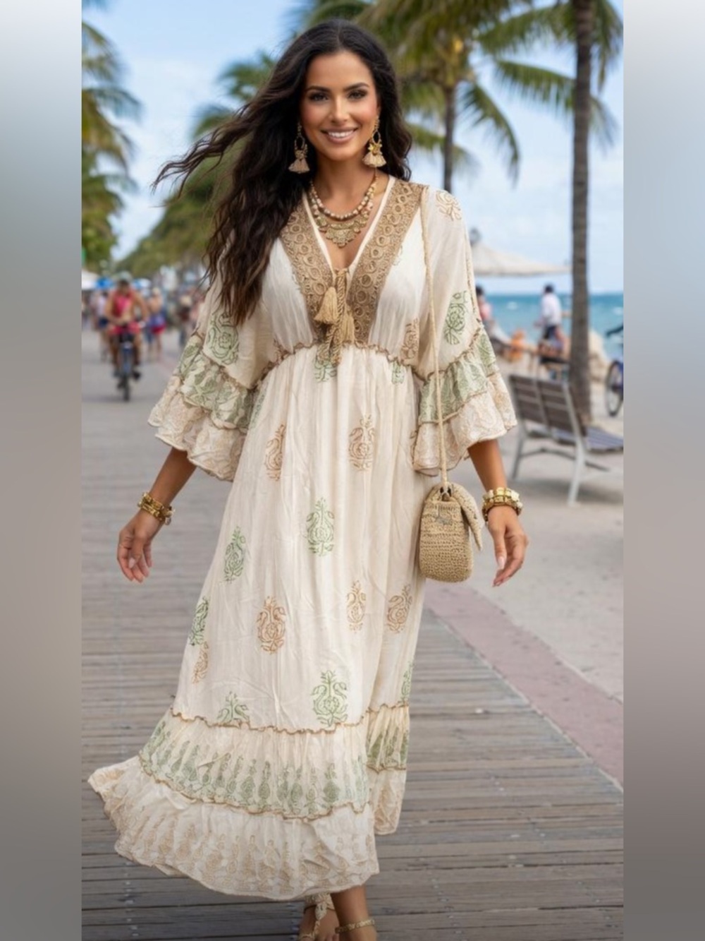 ShopEvelynne Cream Boho Maxi Dress with Green & Tan Motifs